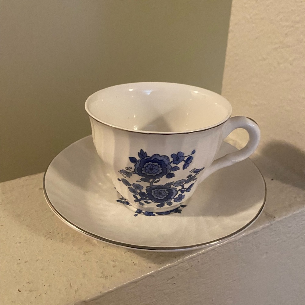 Enoch Wedge Wood. Royal Blue Ironstone. England. Floral Teacup and Saucer Set.